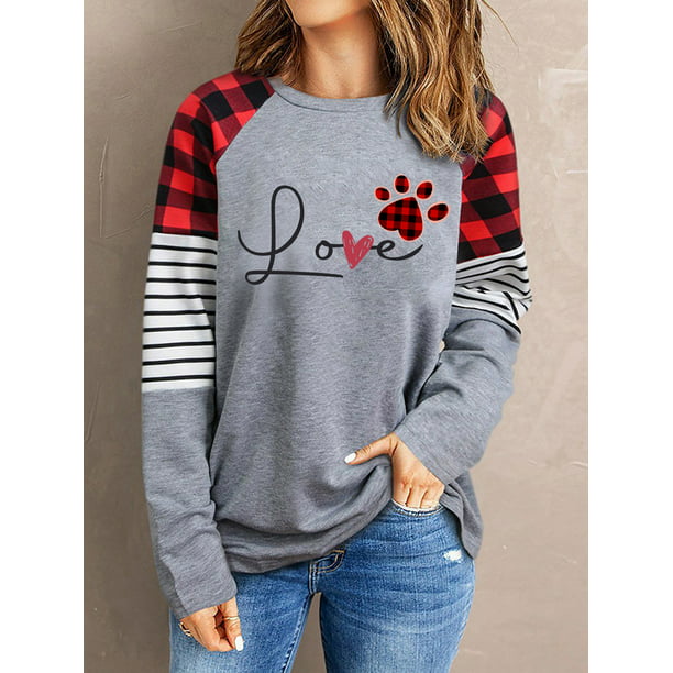 Valentines Day T Shirt for Women Buffalo Plaid Love Heart Graphic Print Sweatshirt Long Sleeve O-Neck Tee Tops 